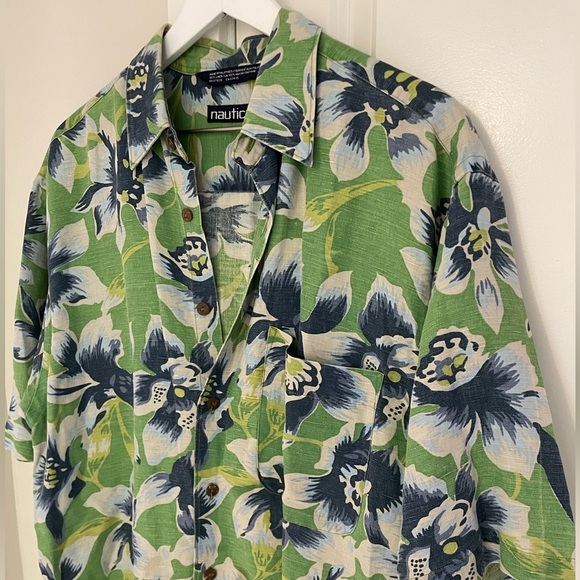 Vintage Nautica Shirt Mens Medium Green Blue Hawaiian Floral Aloha Linen Blend - Picture 5 of 9